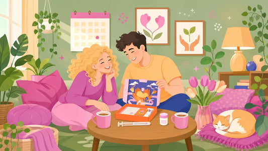 Flat illustration of a smiling couple at home with an open orange Maia Baby insemination kit box on the coffee table, its violet printed lid showing cupped hands cradling a baby, beside two mugs of tea, a needleless applicator and a sleeping cat.
