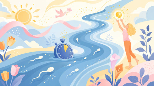 Flat illustration of a wide blue river of fertile days winding across the frame with sperm swimming along it toward a single bright burst of light that a woman reaches up to, with a stopwatch half-submerged nearby.